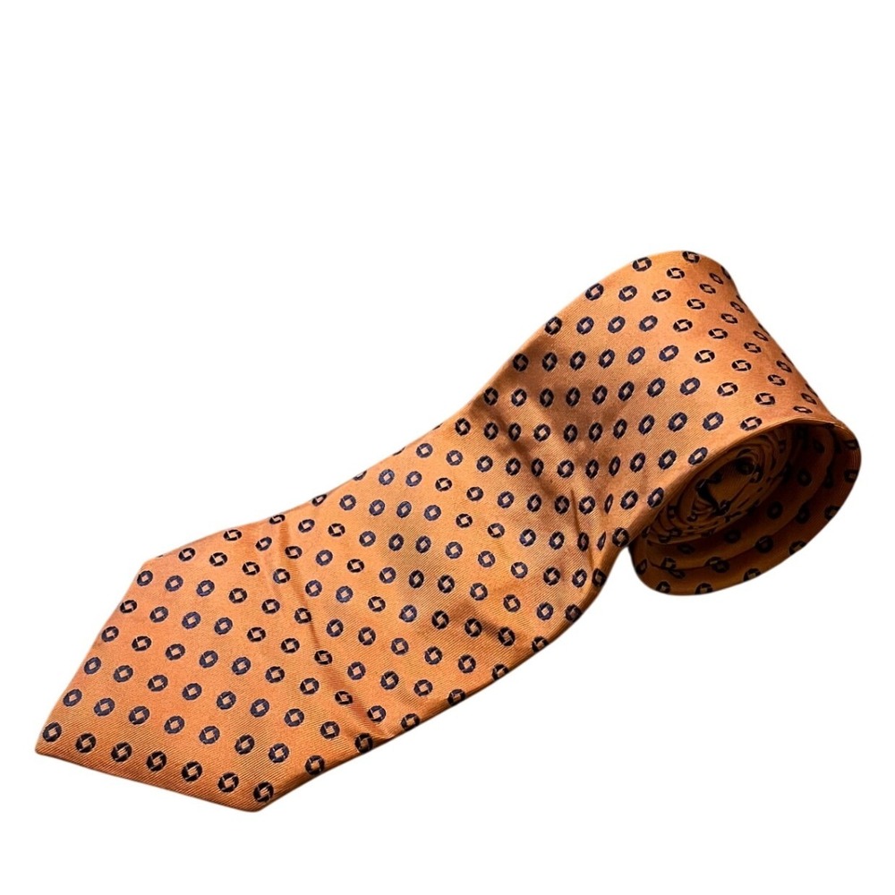 Lands End Necktie Mens Orange Navy Blue Fall Colors Medallion Silk Tie
